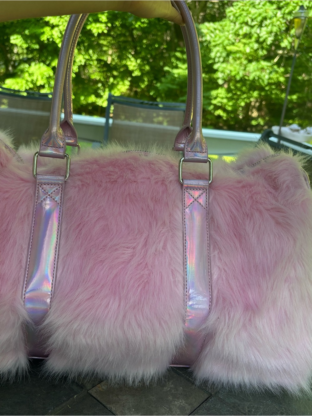 Dolls Kill Pink Faux Fur Travel Tote with Holographic Handles